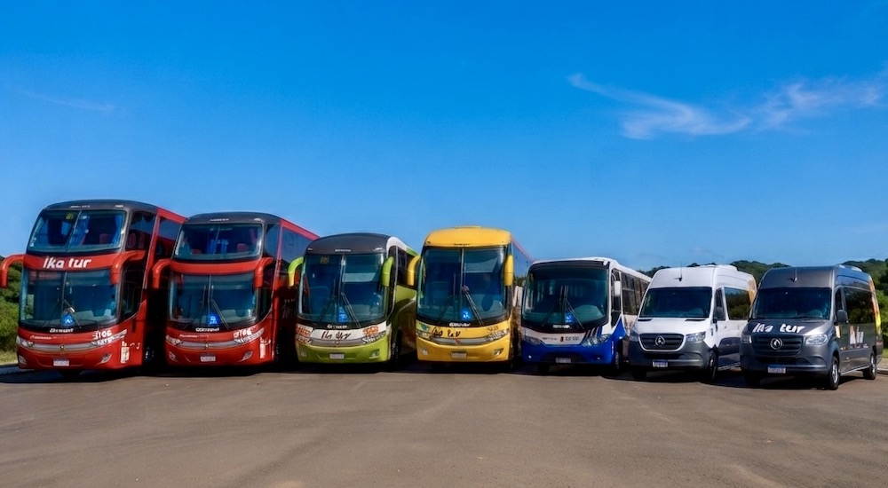 Frota da Ikatur Viagens com ônibus e vans em Carlos Barbosa